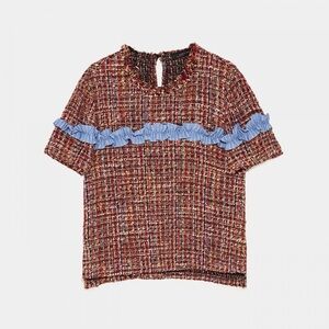 Zara Tweed Ruffle Short Sleeve Top With Contrast Ribbon Size Medium